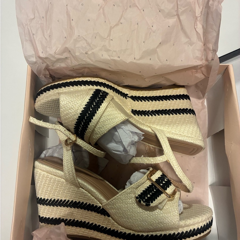 BCBGeneration Elo Cream and Black Wedge Sandals